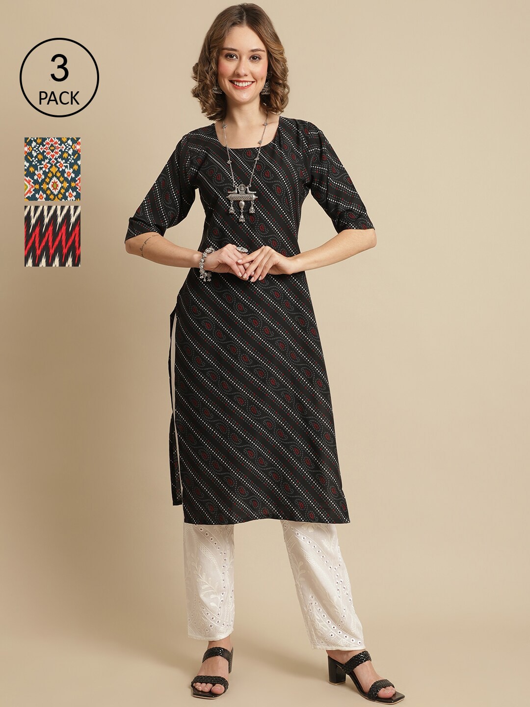 7Threads Women Pack Of 3 Ethnic Motifs Printed Crepe Kurta, Black