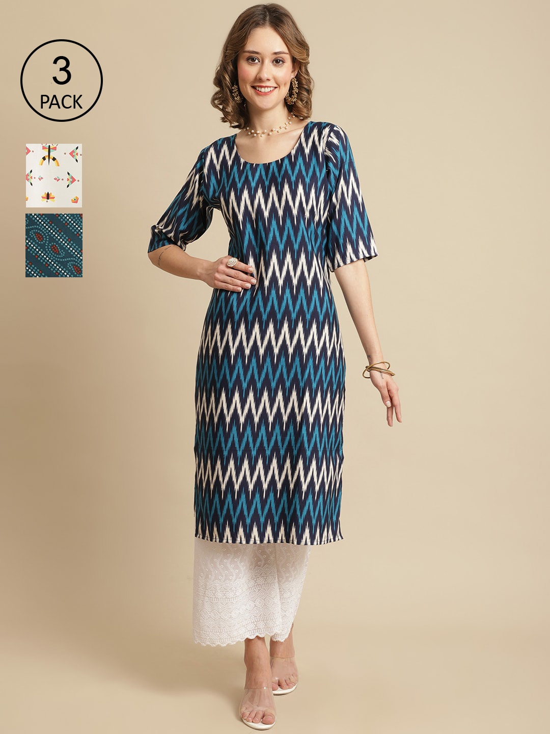 

7Threads Pack Of 3 Geometric Printed Crepe Kurta, White