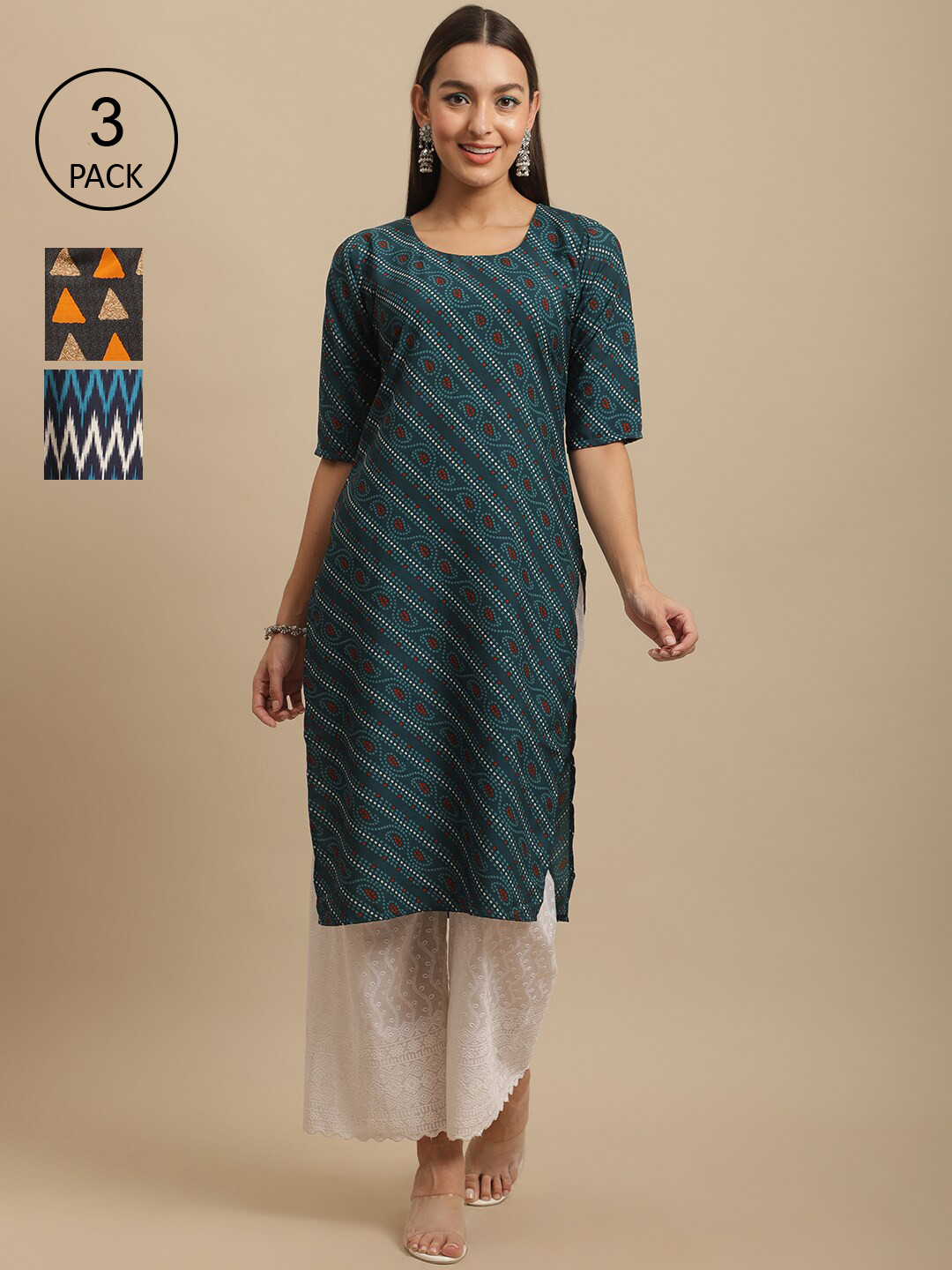 

7Threads Pack Of 3 Geometric Printed Straight Regular Crepe Kurta, Blue