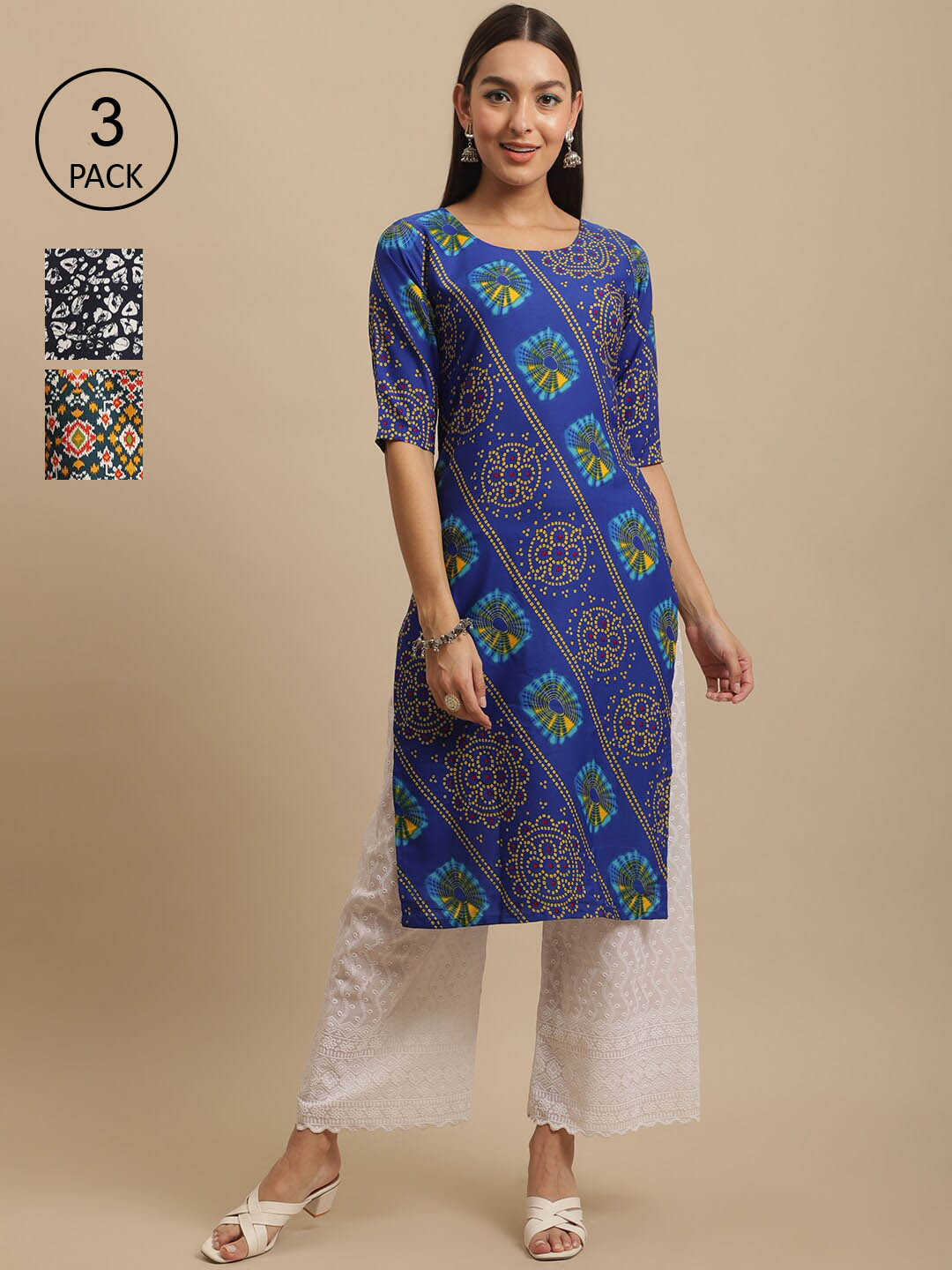 

7Threads Pack Of 3 Bandhani Printed Straight Regular Crepe Kurta, Blue