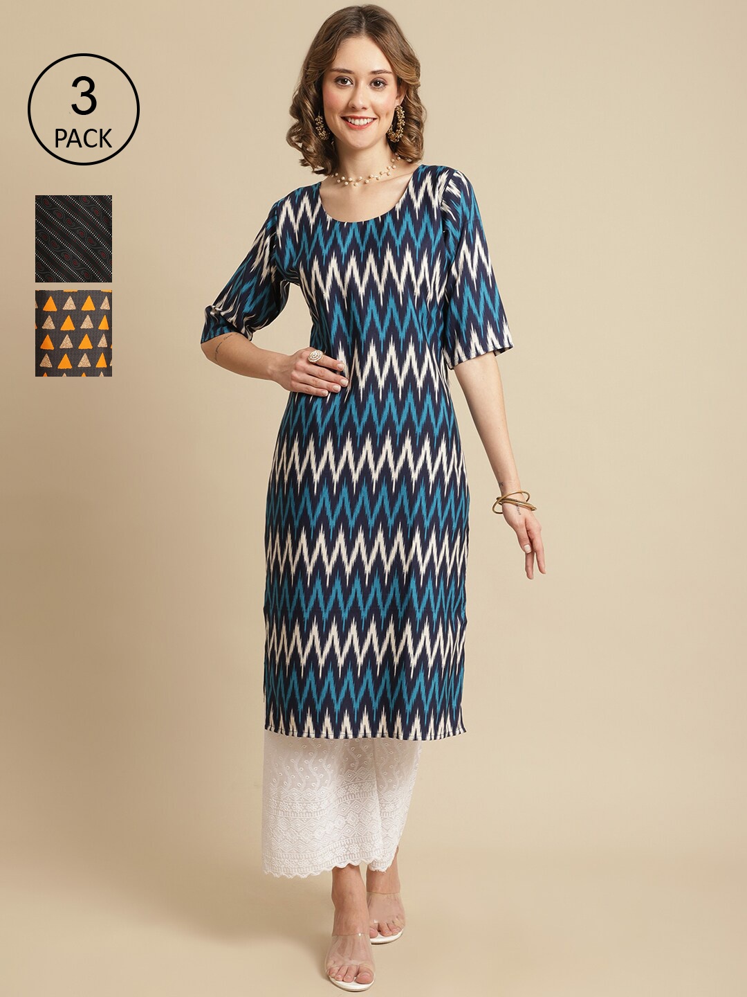 

7Threads Pack Of 3 Ethnic Motifs Printed Straight Regular Crepe Kurta, Blue