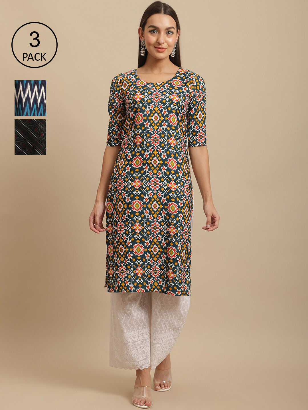 

7Threads Pack Of 3 Ethnic Motifs Printed Straight Regular Crepe Kurta, Green