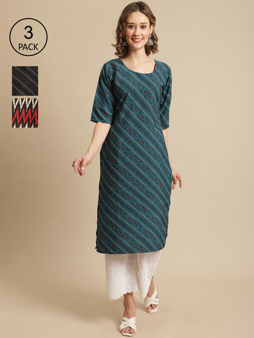 

7Threads Pack Of 3 Ethnic Motifs Printed Straight Regular Crepe Kurta, Green