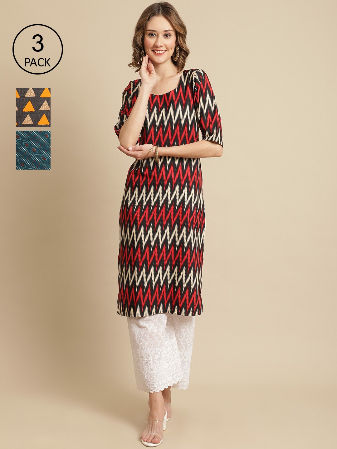

7Threads Pack Of 3 Ethnic Motifs Printed Straight Regular Crepe Kurta, Red