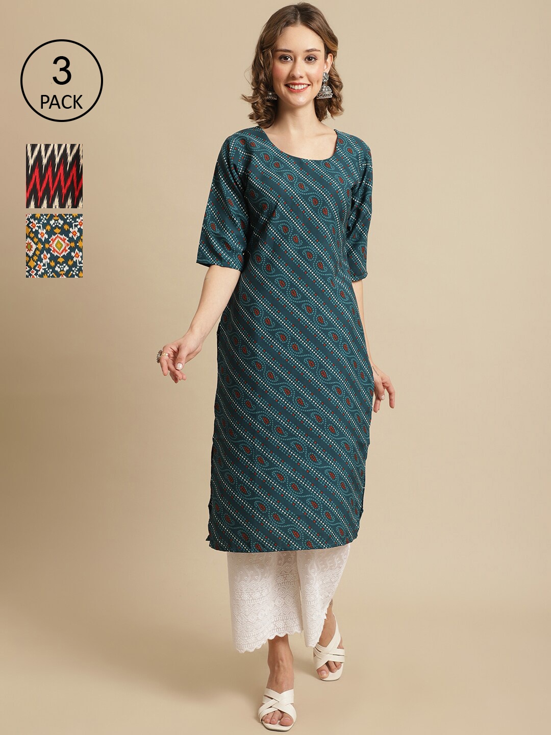 

7Threads Pack of 3 Geometric Printed A-Line Regular Crepe Kurtas, Teal