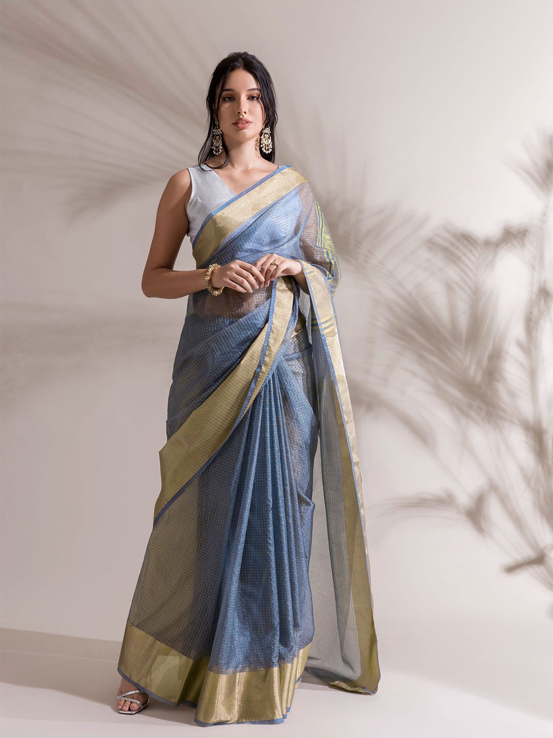 

Saaki Blue & Gold-Toned Woven Design Zari Banarasi Saree