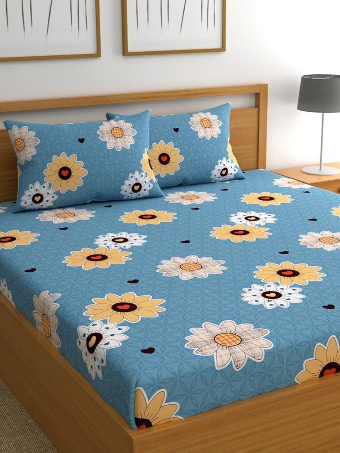 

CHHAVI INDIA Blue & Yellow Floral Printed 210 TC Queen Bedsheet with 2 Pillow Covers