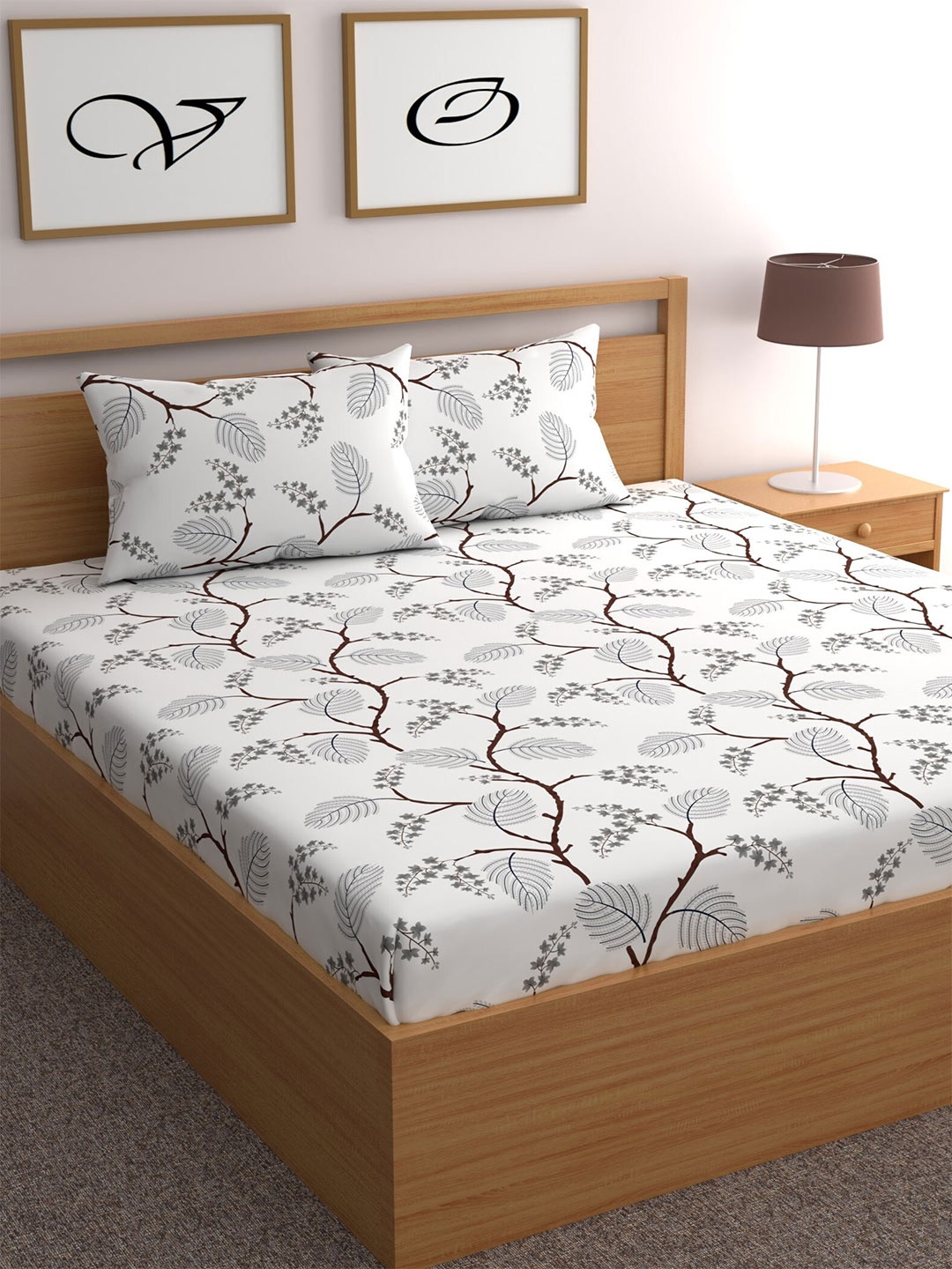 

CHHAVI INDIA White & Grey Floral Printed 210 TC Queen Bedsheet with 2 Pillow Covers