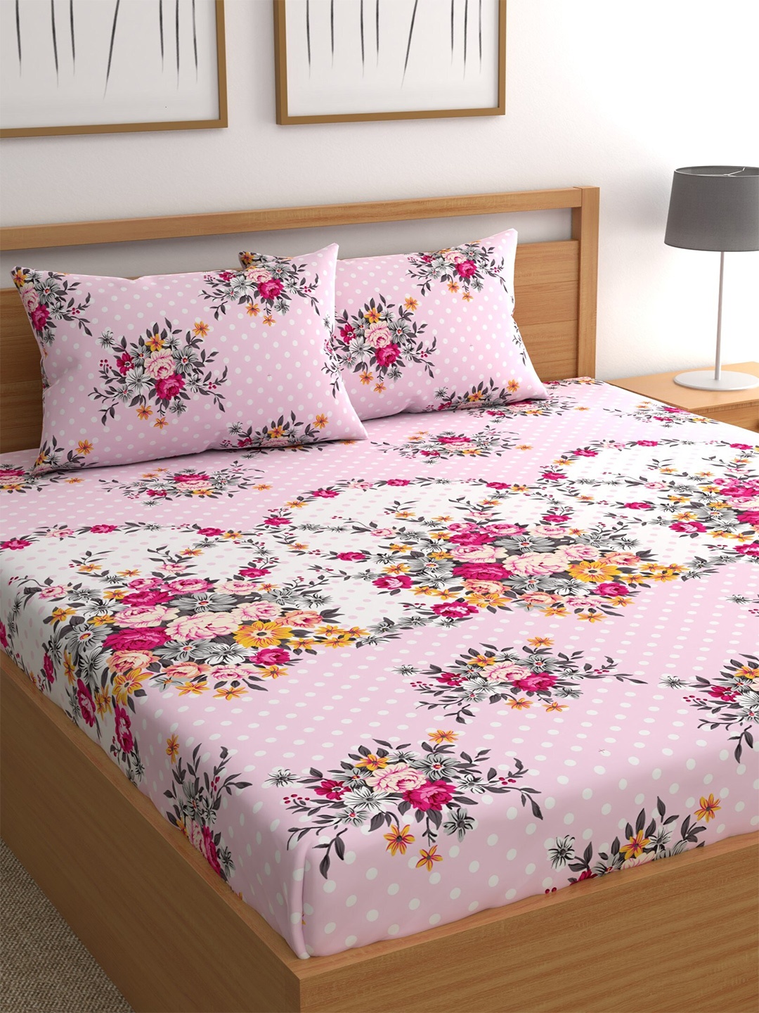 

CHHAVI INDIA Pink & Grey Floral Printed 210 TC Queen Bedsheet with 2 Pillow Covers