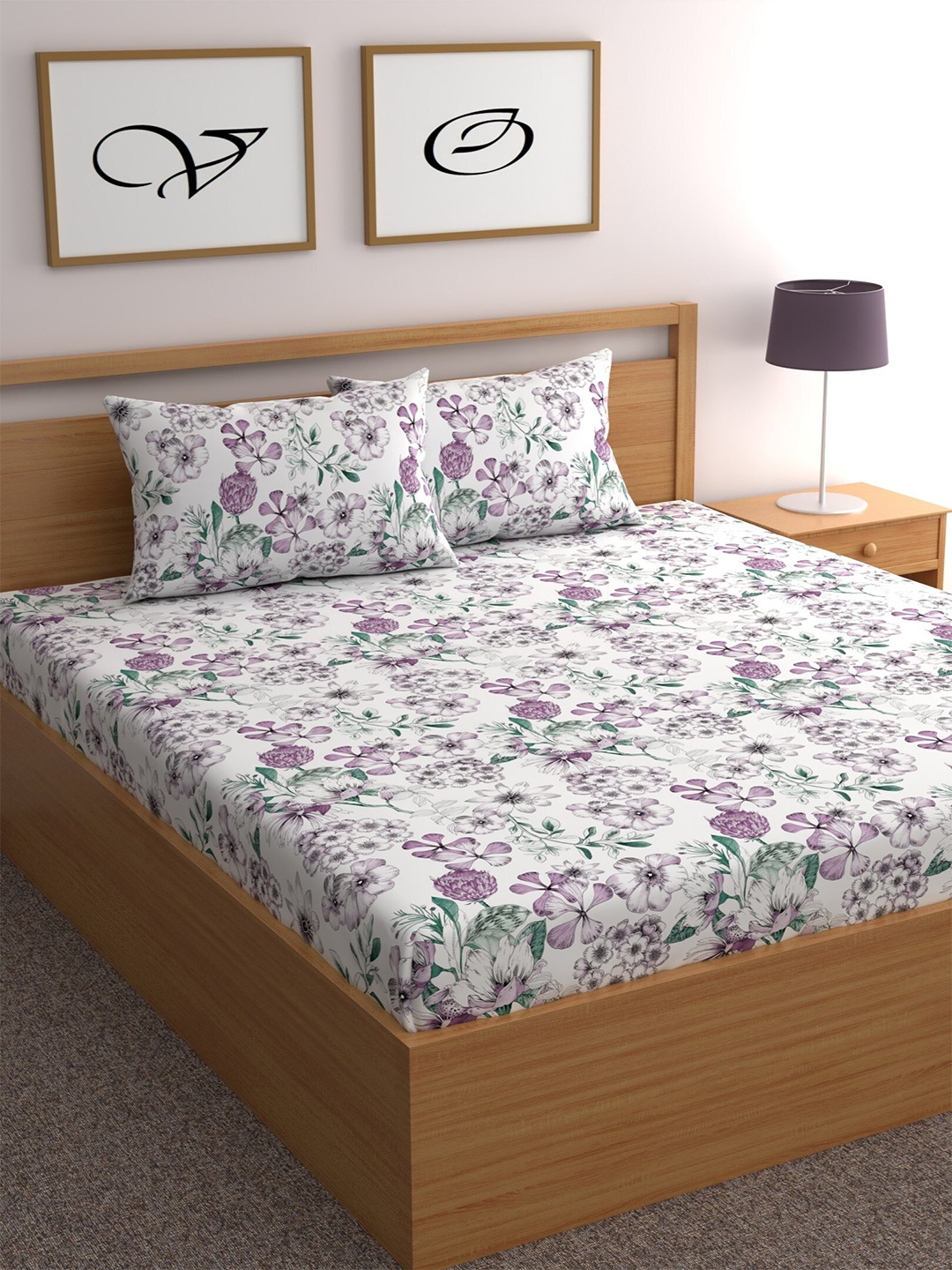 

CHHAVI INDIA Off White & Lavender Printed 210 TC Queen Bedsheet with 2 Pillow Covers