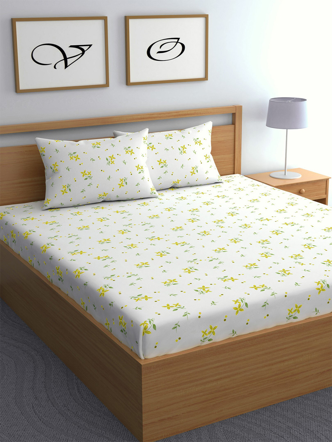 

CHHAVI INDIA White & Yellow Floral Printed 210 TC Queen Bedsheet with 2 Pillow Covers
