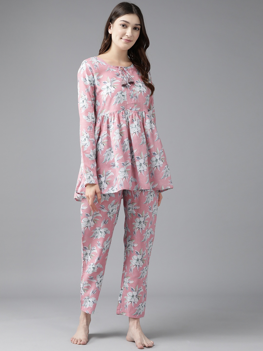 

Prakrti Women Pink & White Pure Cotton Floral Print Night suit