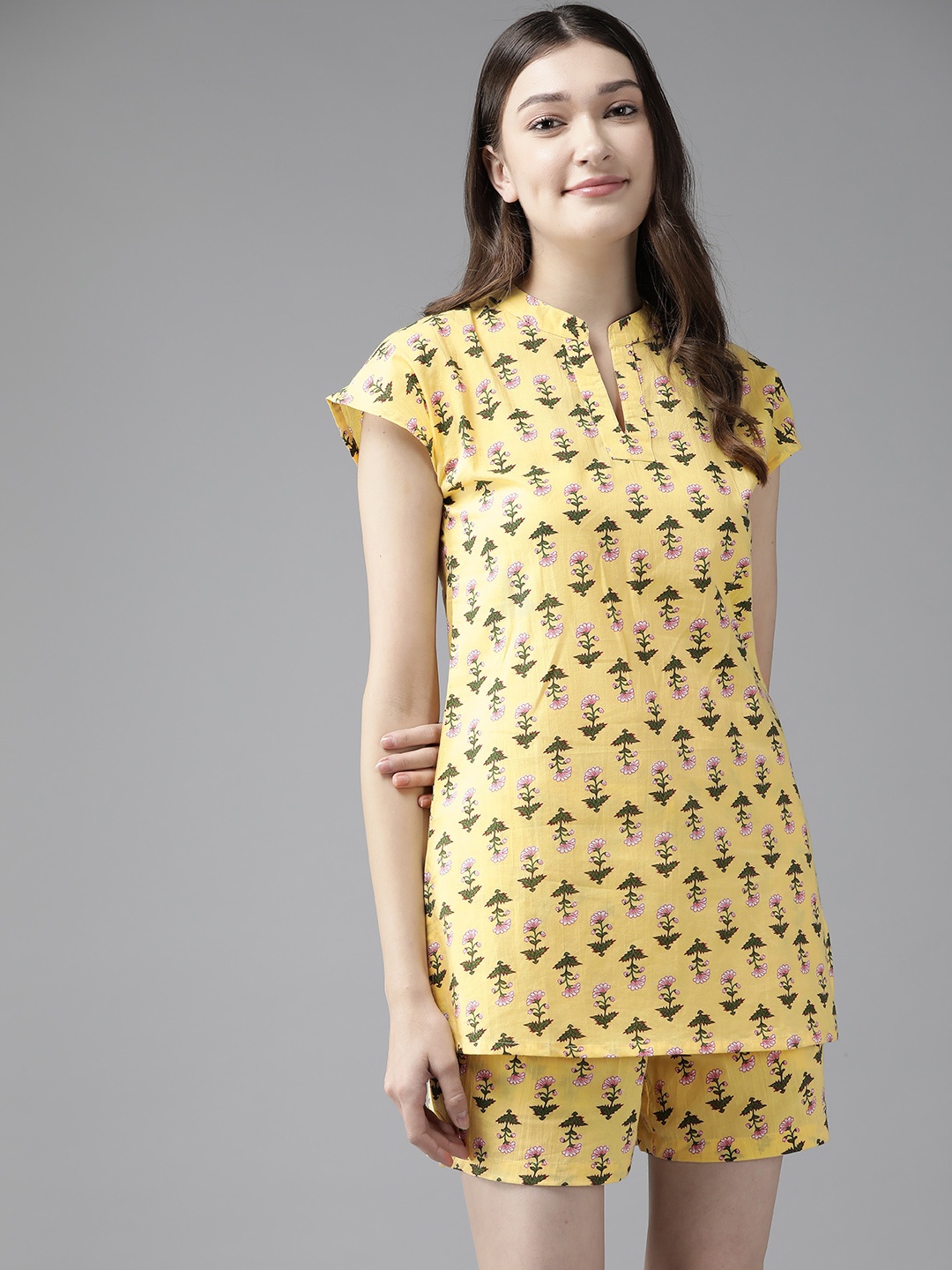

Prakrti Women Yellow & Pink Pure Cotton Floral Print Night suit