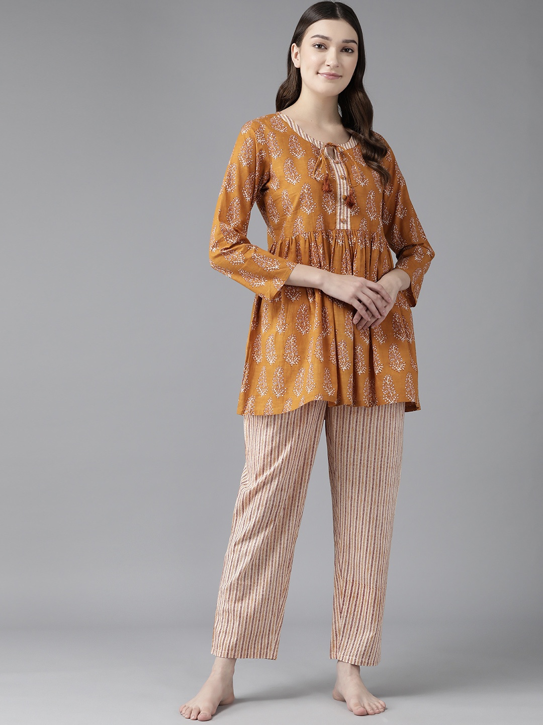 

Prakrti Mustard & Off White Pure Cotton Ethnic Motifs Print Night suit