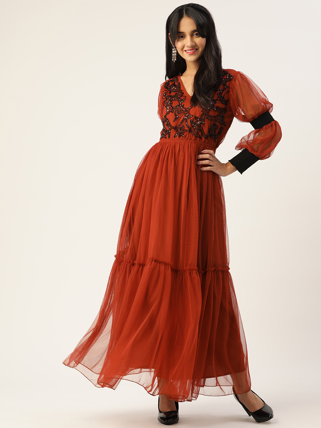 

Antheaa Rust Embellished Net Maxi Dress