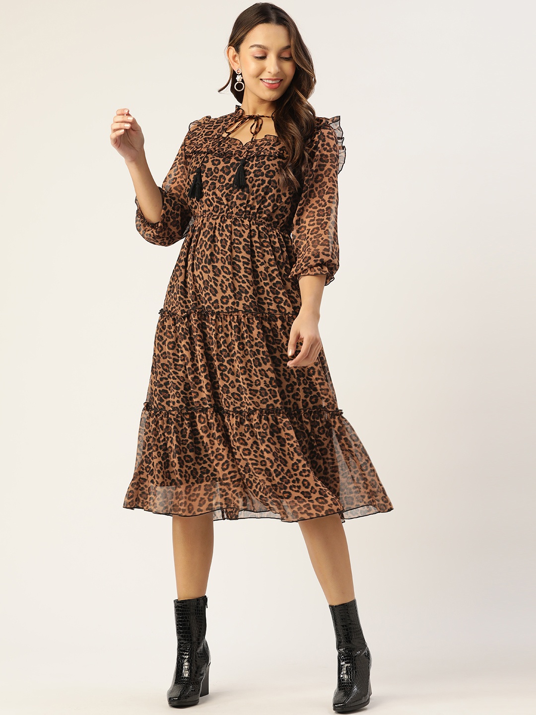 

Antheaa Brown & Black Animal Printed Tie-Up Neck Chiffon Midi Dress