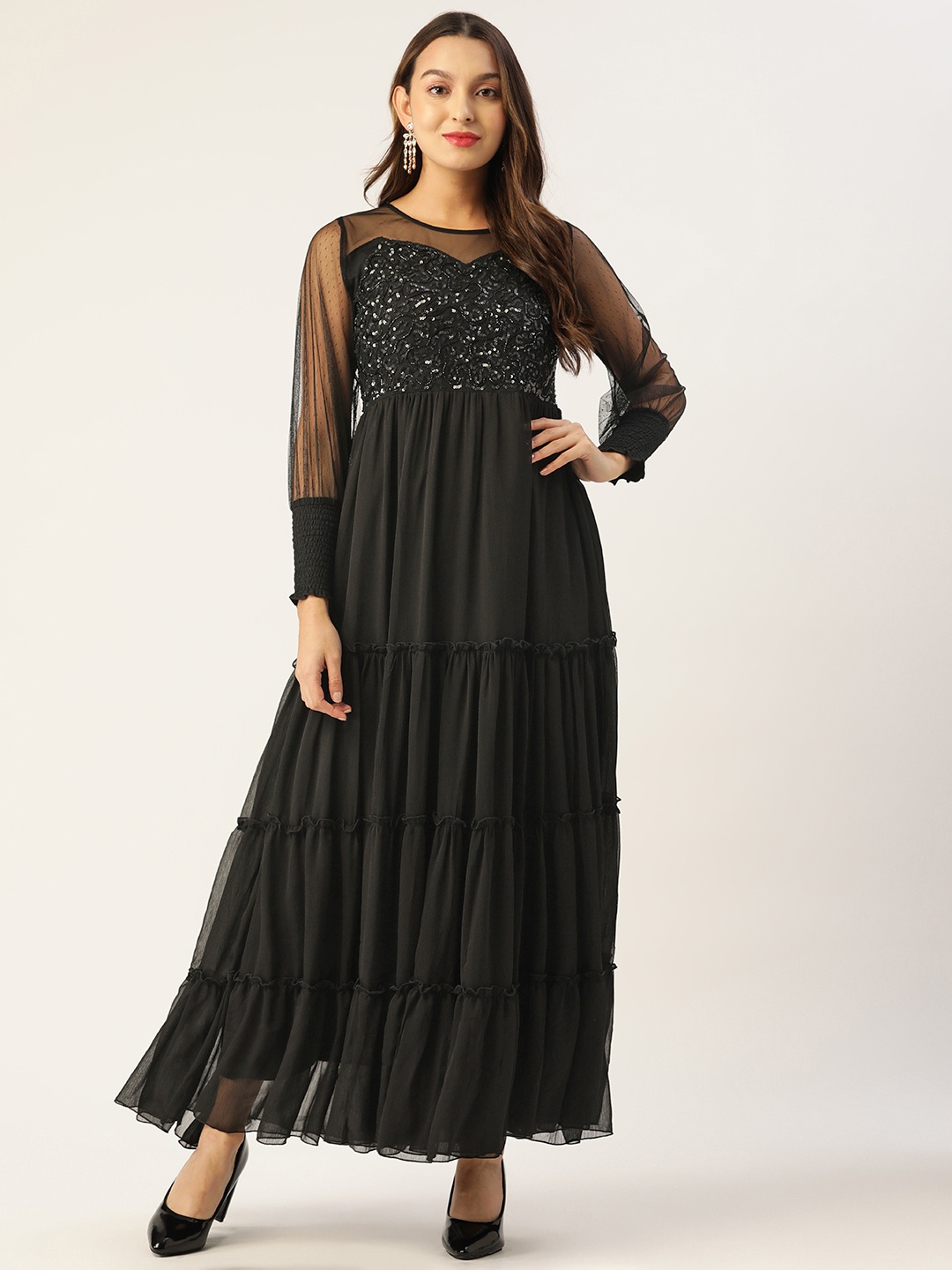 

Antheaa Black Embellished Chiffon Maxi Dress
