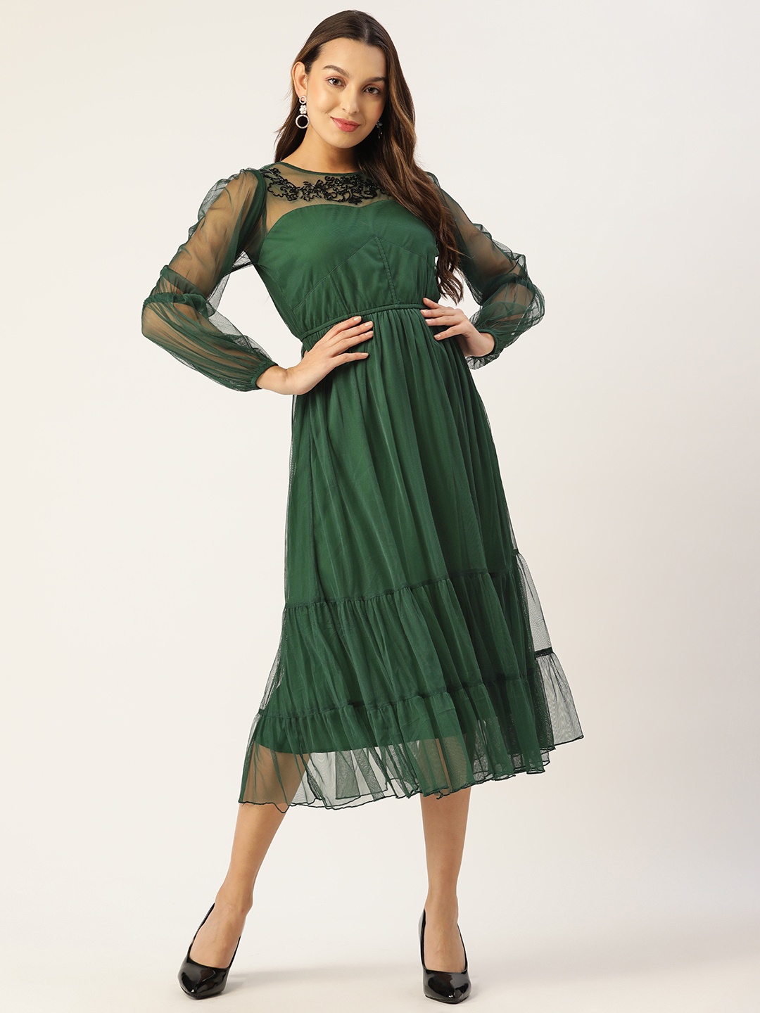 

Antheaa Green Embellished Net Midi Dress