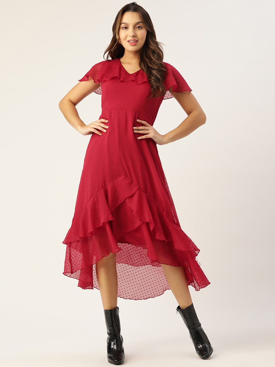 

Antheaa Red Chiffon A-Line Midi Dress