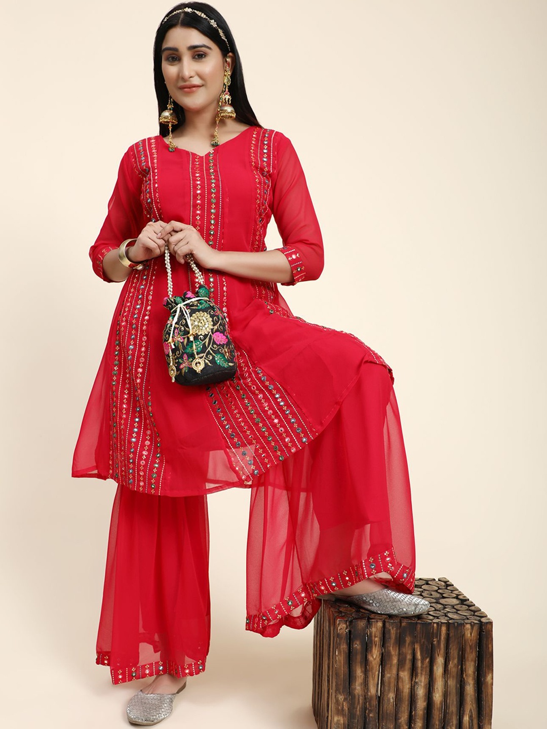 

KALINI Women Red Embroidered Panelled Mirror Work Kurta with Sharara