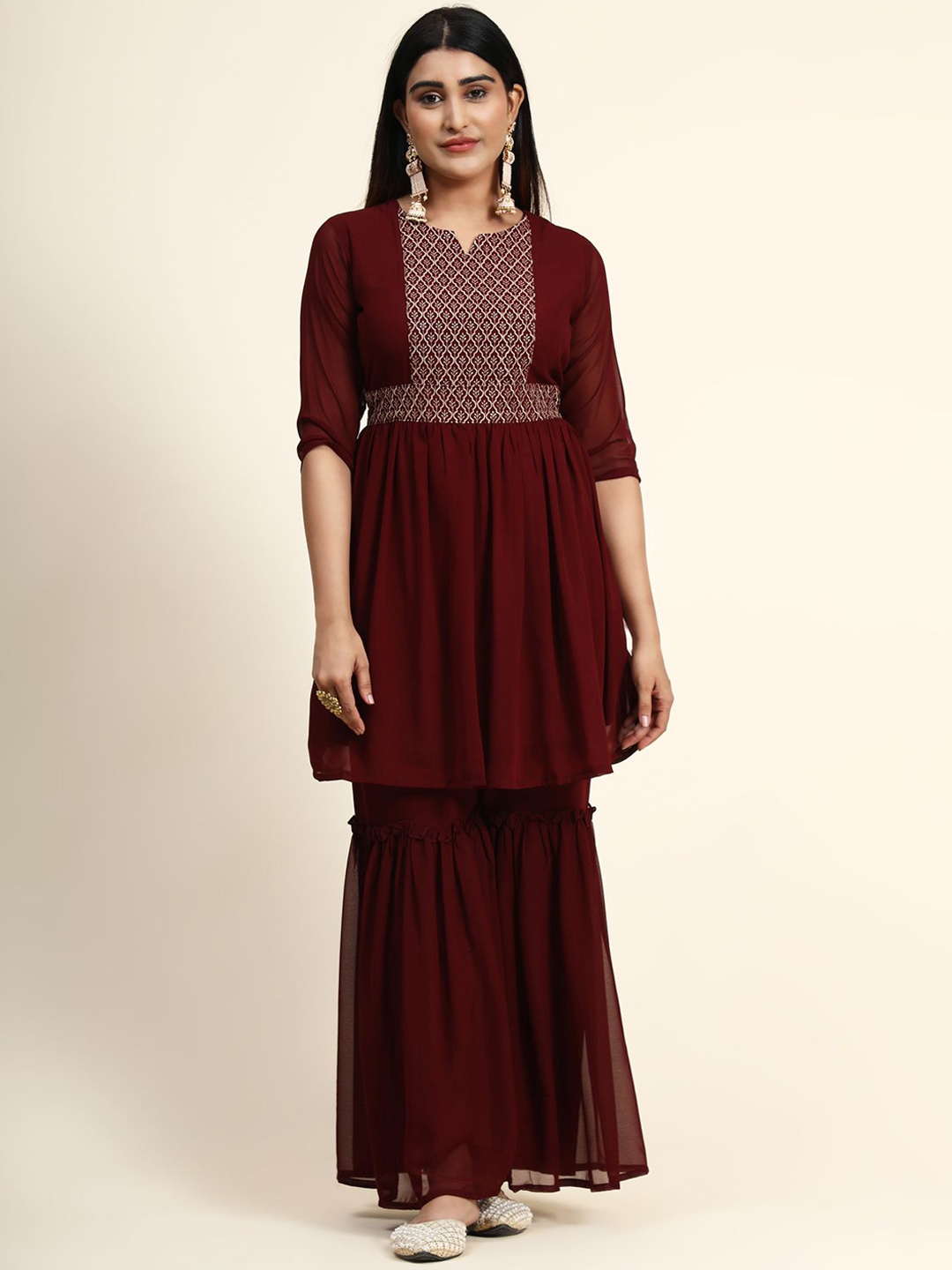 

KALINI Women Maroon Floral Embroidered Thread Work Kurta with Sharara & Dupatta
