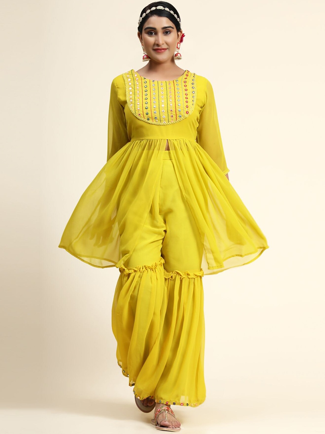 

KALINI Women Yellow Embroidered High Slit Mirror Work Kurta with Sharara