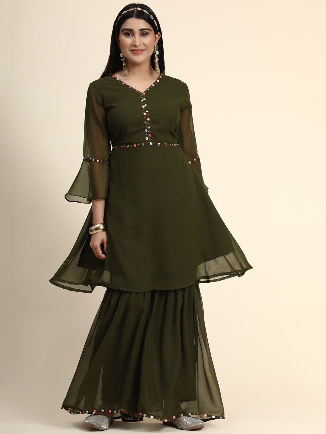 

KALINI Women Olive Green Embroidered Mirror Work Kurta with Sharara