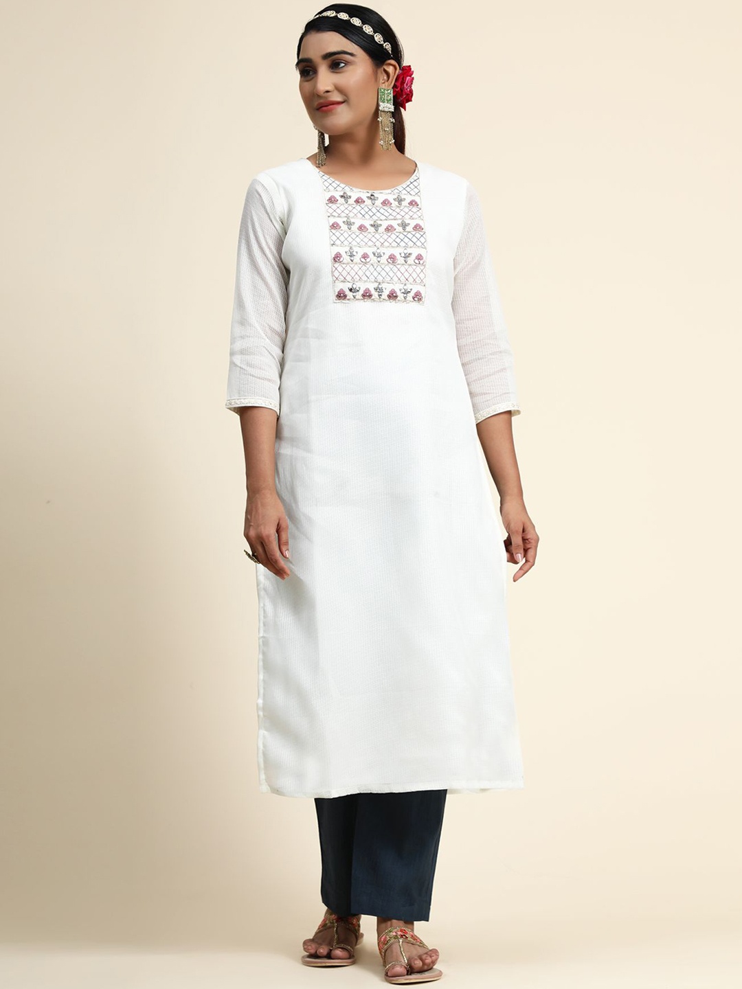 

KALINI Women White Floral Embroidered Thread Work Kurta with Trousers
