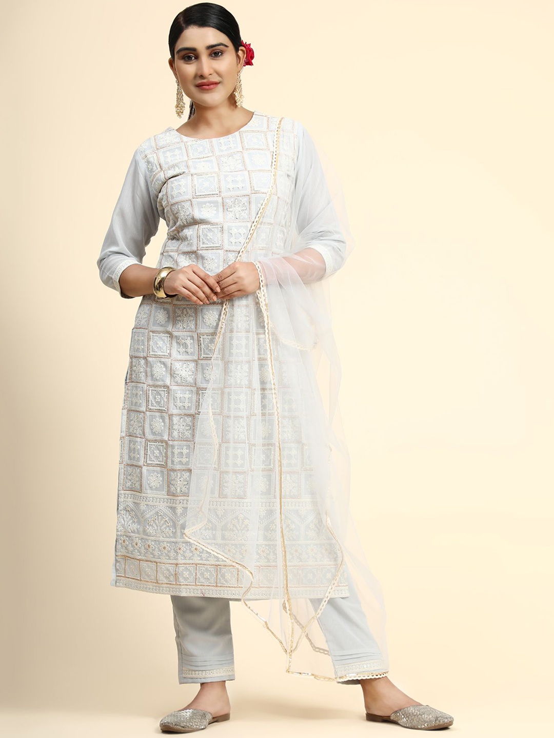 

KALINI Women Grey Floral Embroidered Kurta with Palazzos