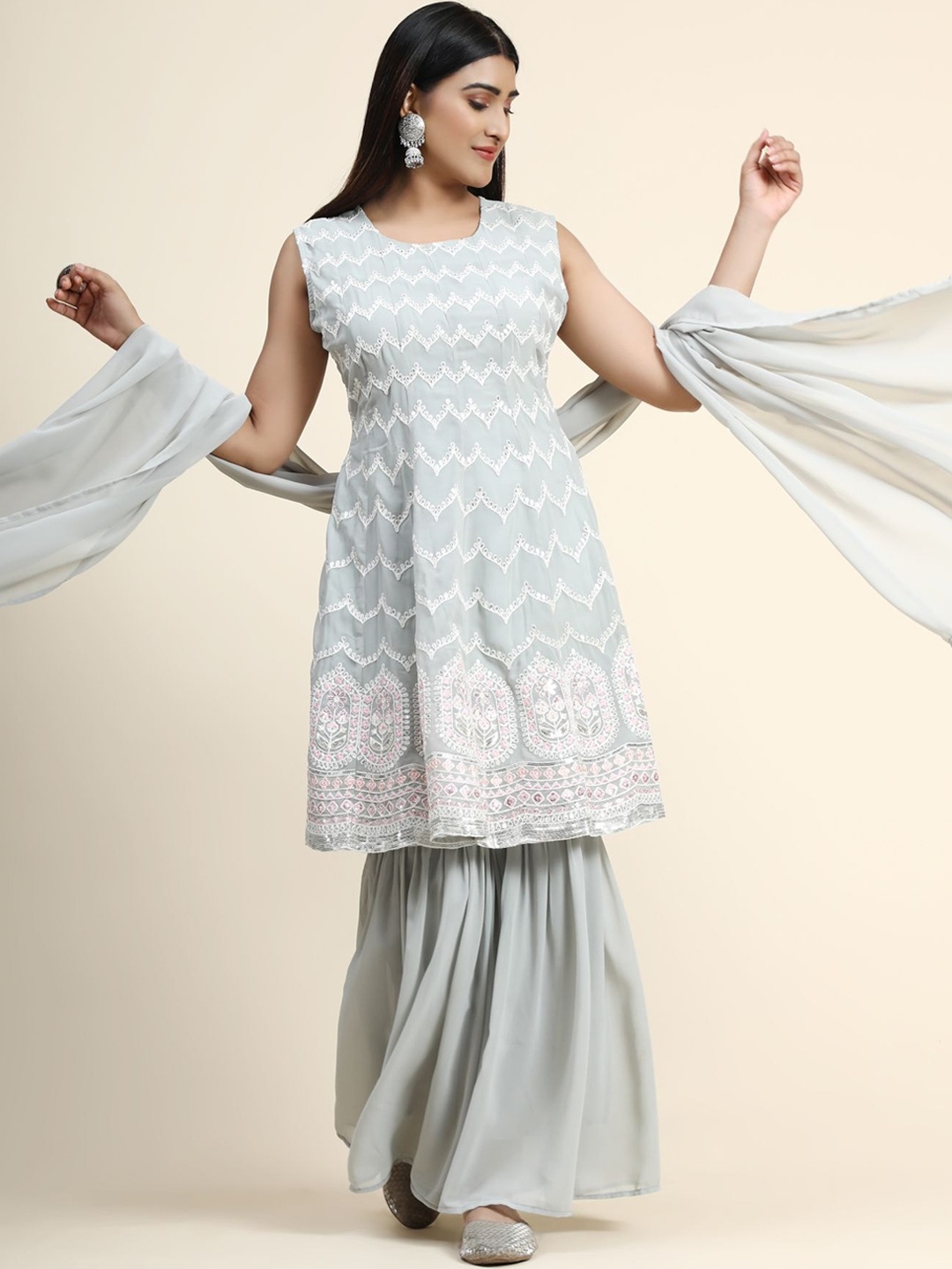 

KALINI Women Grey Embroidered Kurta with Sharara