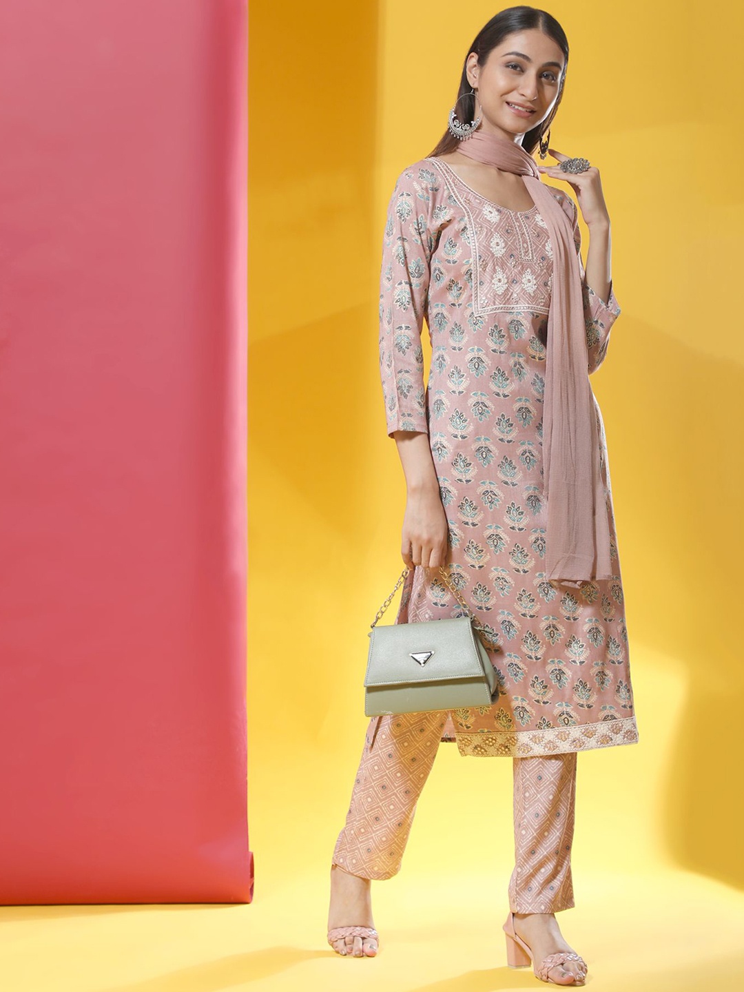 

KALINI Women Peach-Coloured Floral Embroidered Kurta with Trousers & Dupatta