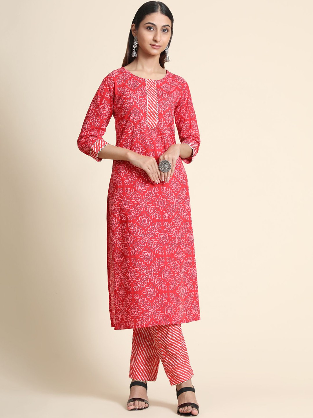 

KALINI Women Red Floral Printed Sequinned Pure Cotton Kurta with Trousers & Dupatta