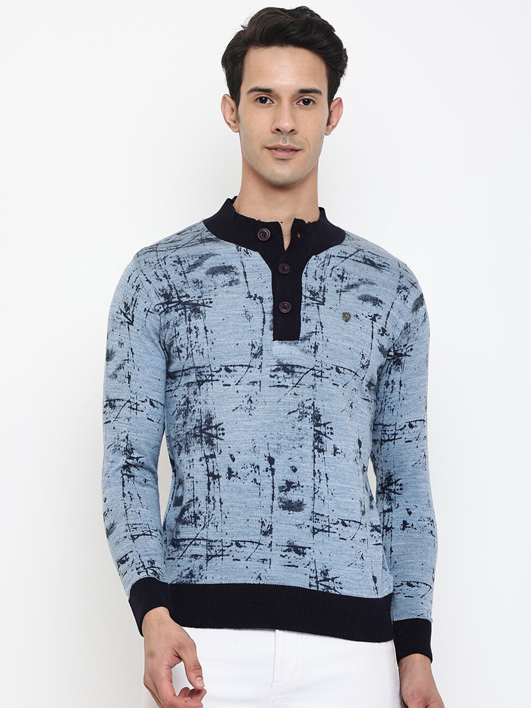 

Cantabil Men Turquoise Blue & Black Abstract Printed Wool Pullover