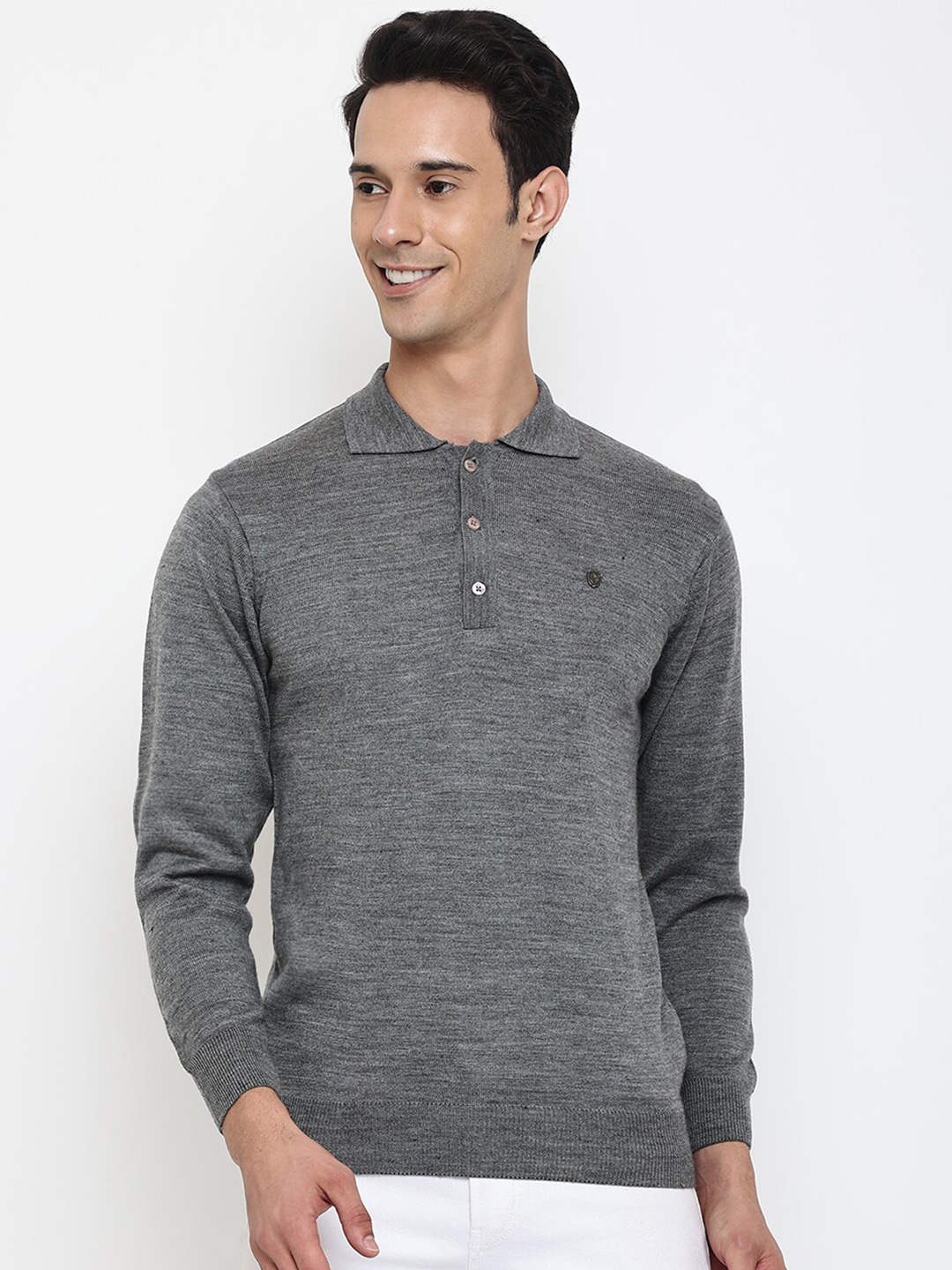 

Cantabil Men Grey Melange Solid Wool Polo Collar Pullover