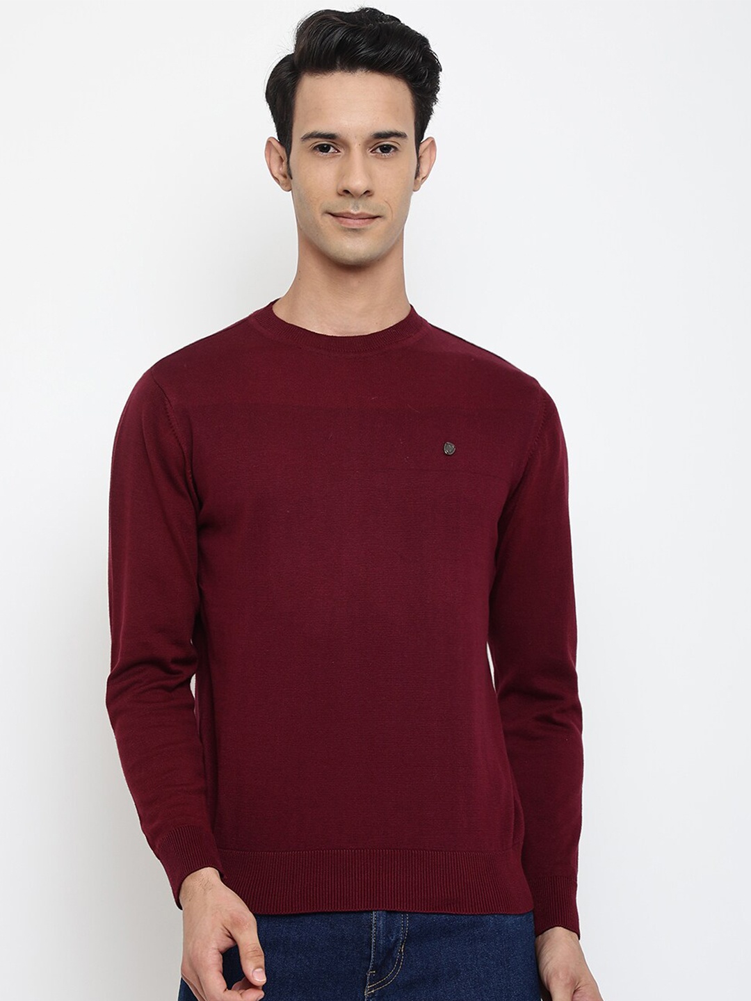 

Cantabil Men Maroon Solid Wool Round Neck Pullover