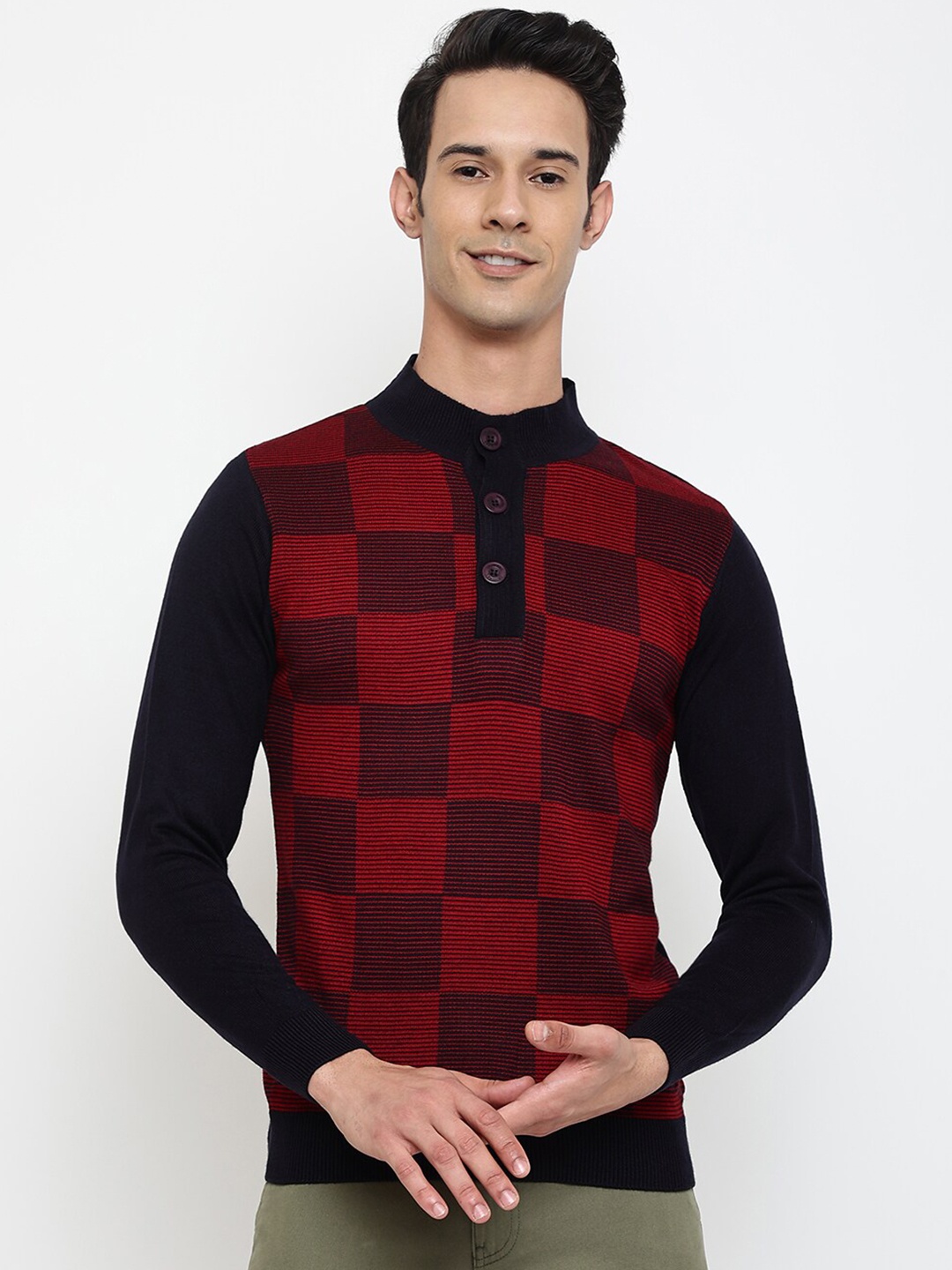 

Cantabil Men Maroon & Navy Blue Checked Wool Pullover