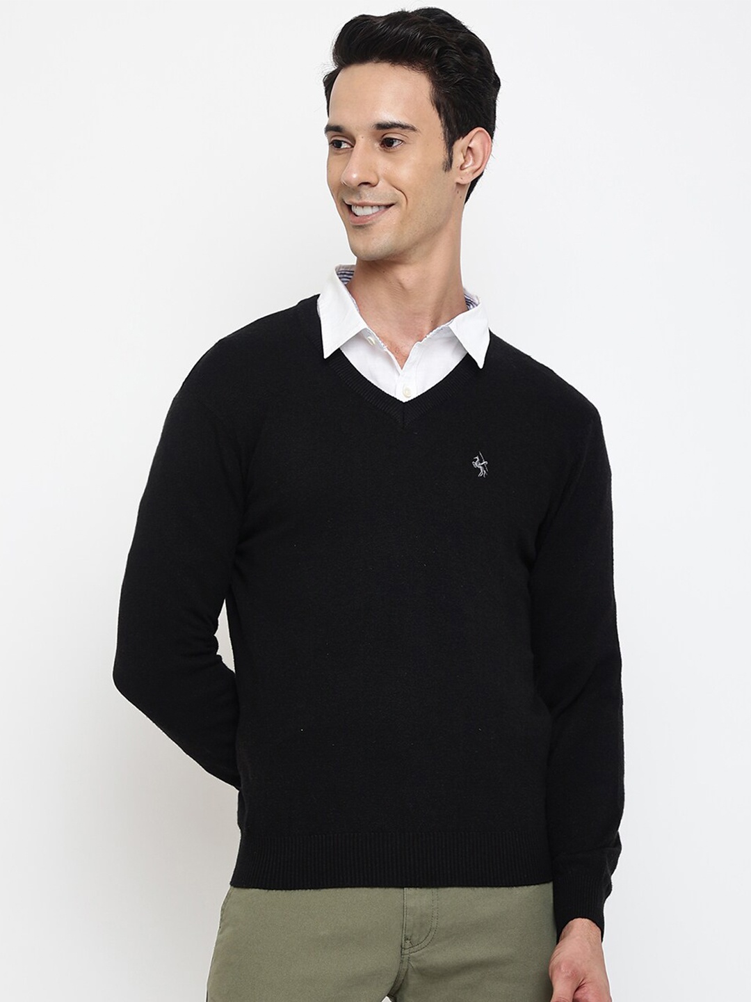 

Cantabil Men Black Solid Wool V-Neck Pullover