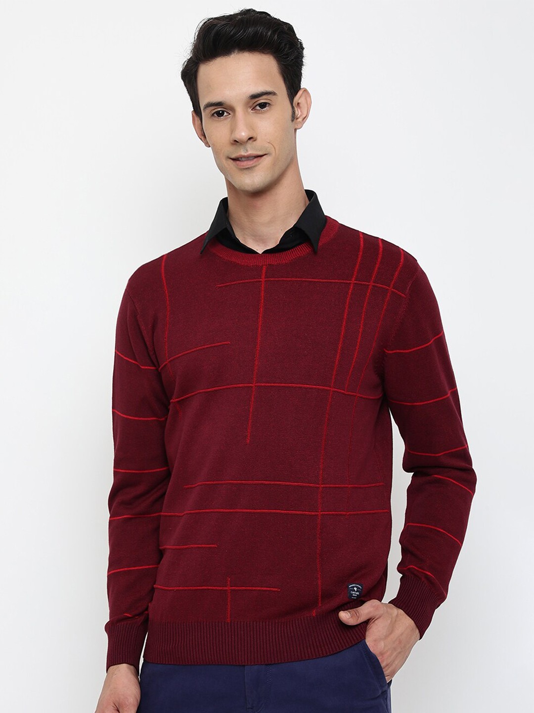 

Cantabil Men Maroon Geometric Printed Wool Round Neck Pullover