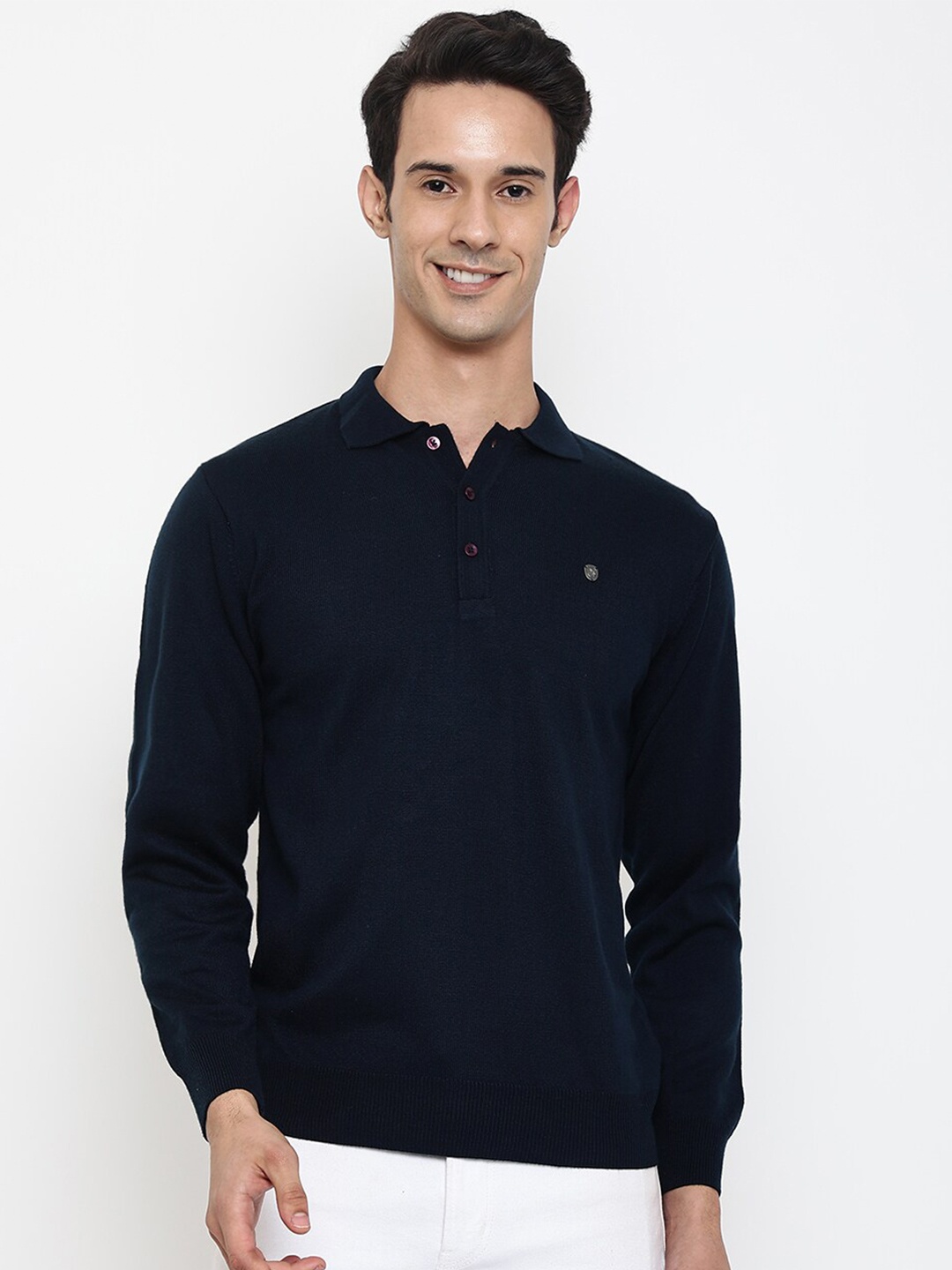 

Cantabil Men Navy Blue Solid Wool Polo Collar Pullover