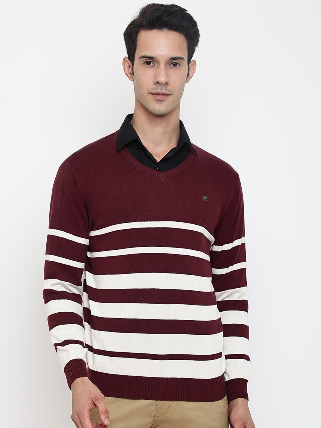 

Cantabil Men Maroon & White Striped Wool V-Neck Pullover