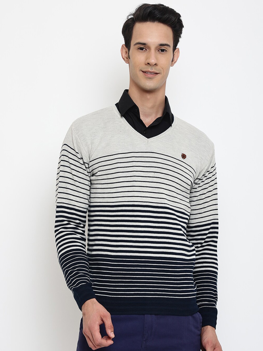 

Cantabil Men Grey & Navy Blue Striped Wool V-Neck Pullover