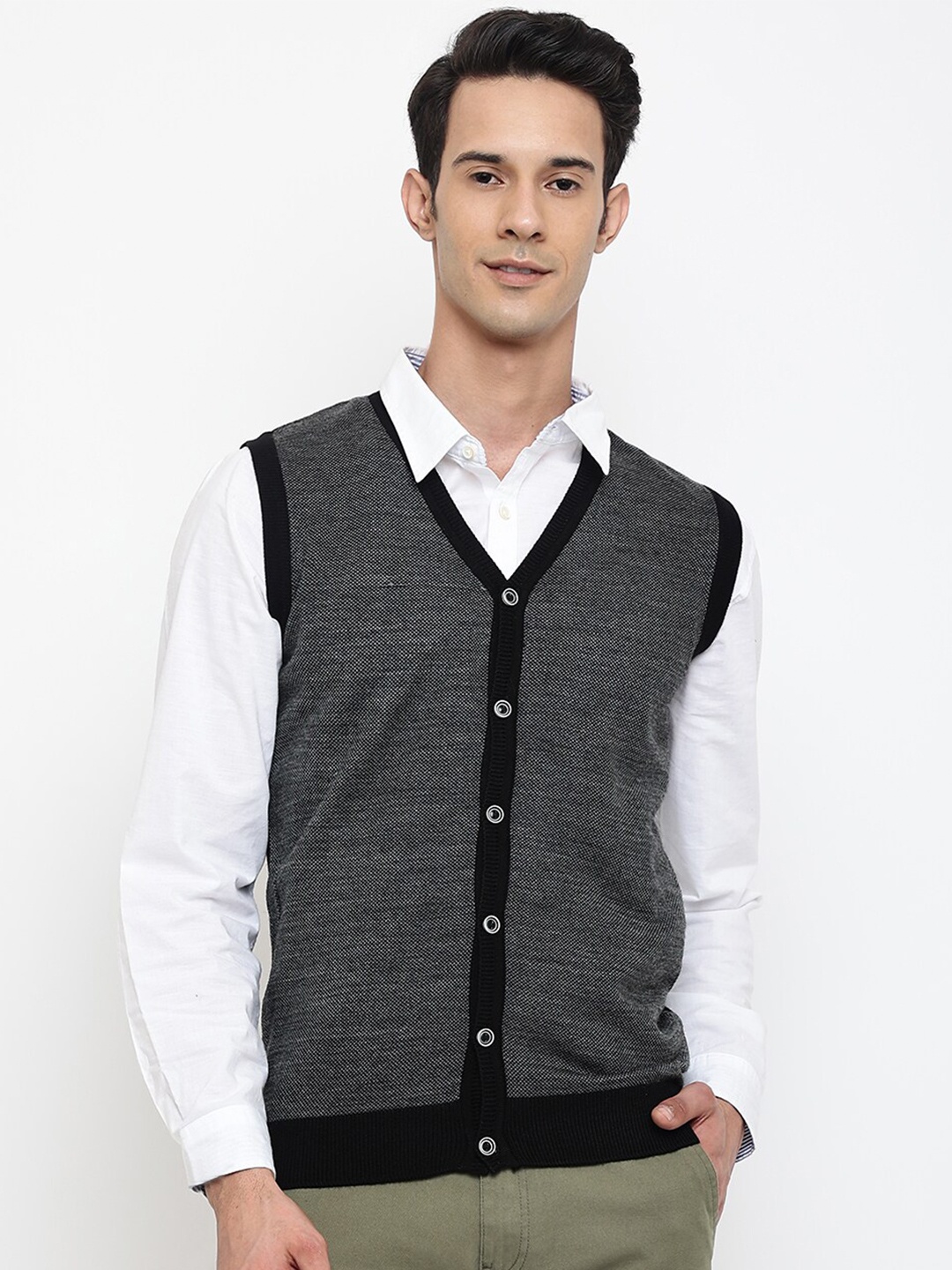

Cantabil Men Black & Grey Self Design Wool V-Neck Sweater Vest