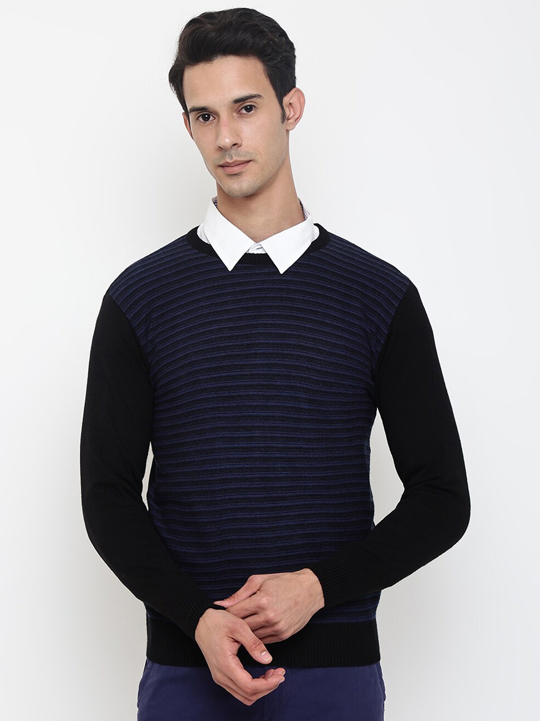 

Cantabil Men Black & Navy Blue Striped Wool Round Neck Pullover