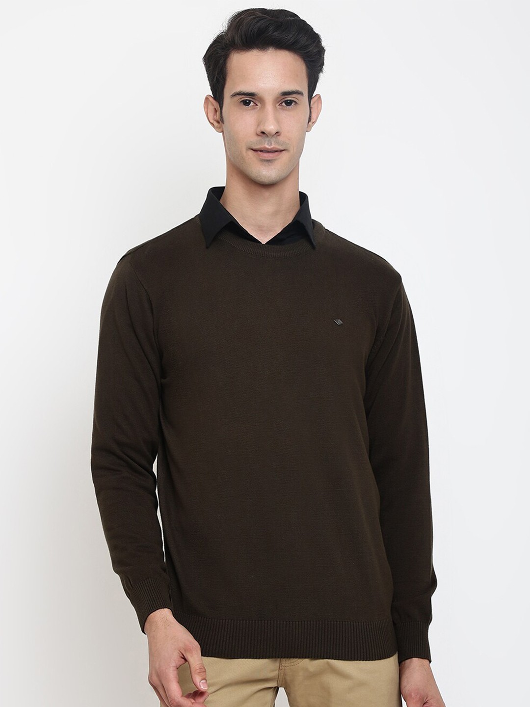 

Cantabil Men Olive Green Solid Wool Round Neck Pullover