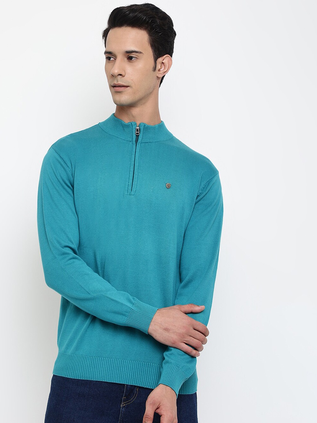 

Cantabil Men Turquoise Blue Solid Wool Half Zipper Pullover