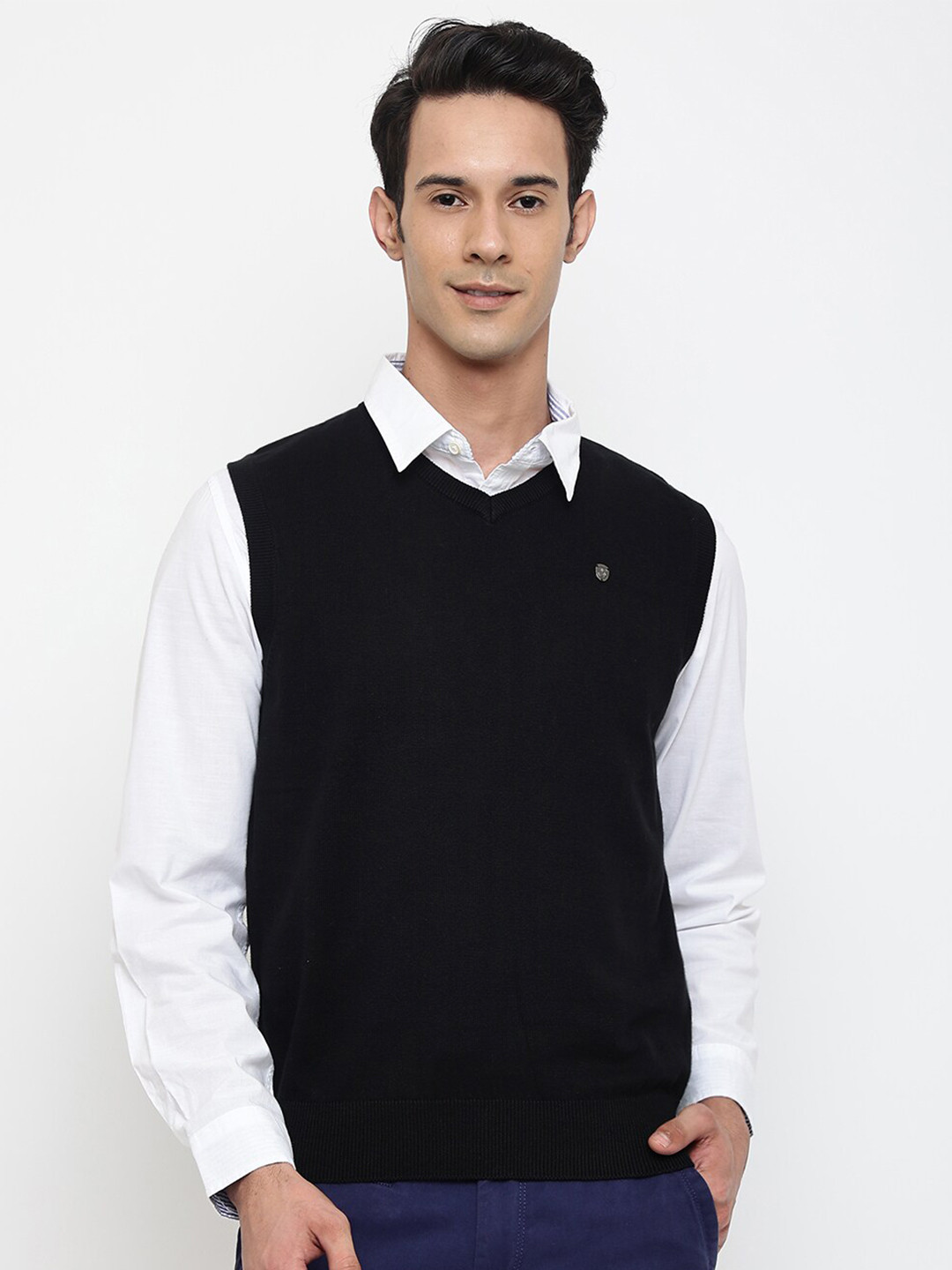 

Cantabil Men Black Solid Wool V-Neck Sweater Vest
