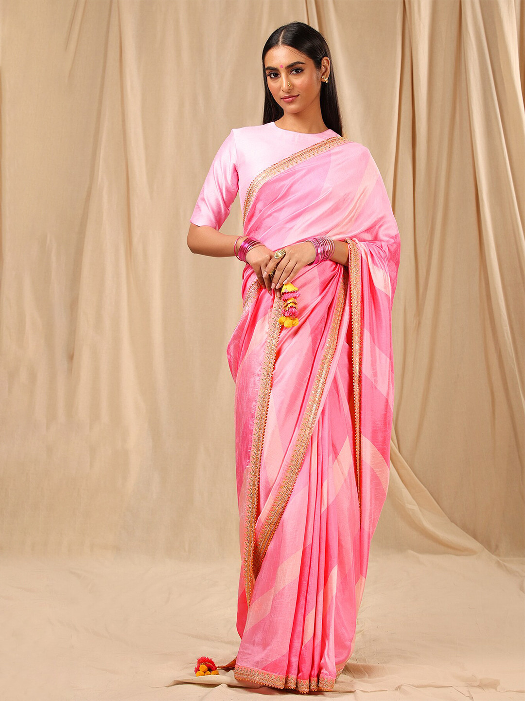 

Masaba Pink & Gold-Toned Striped Pure Silk Saree