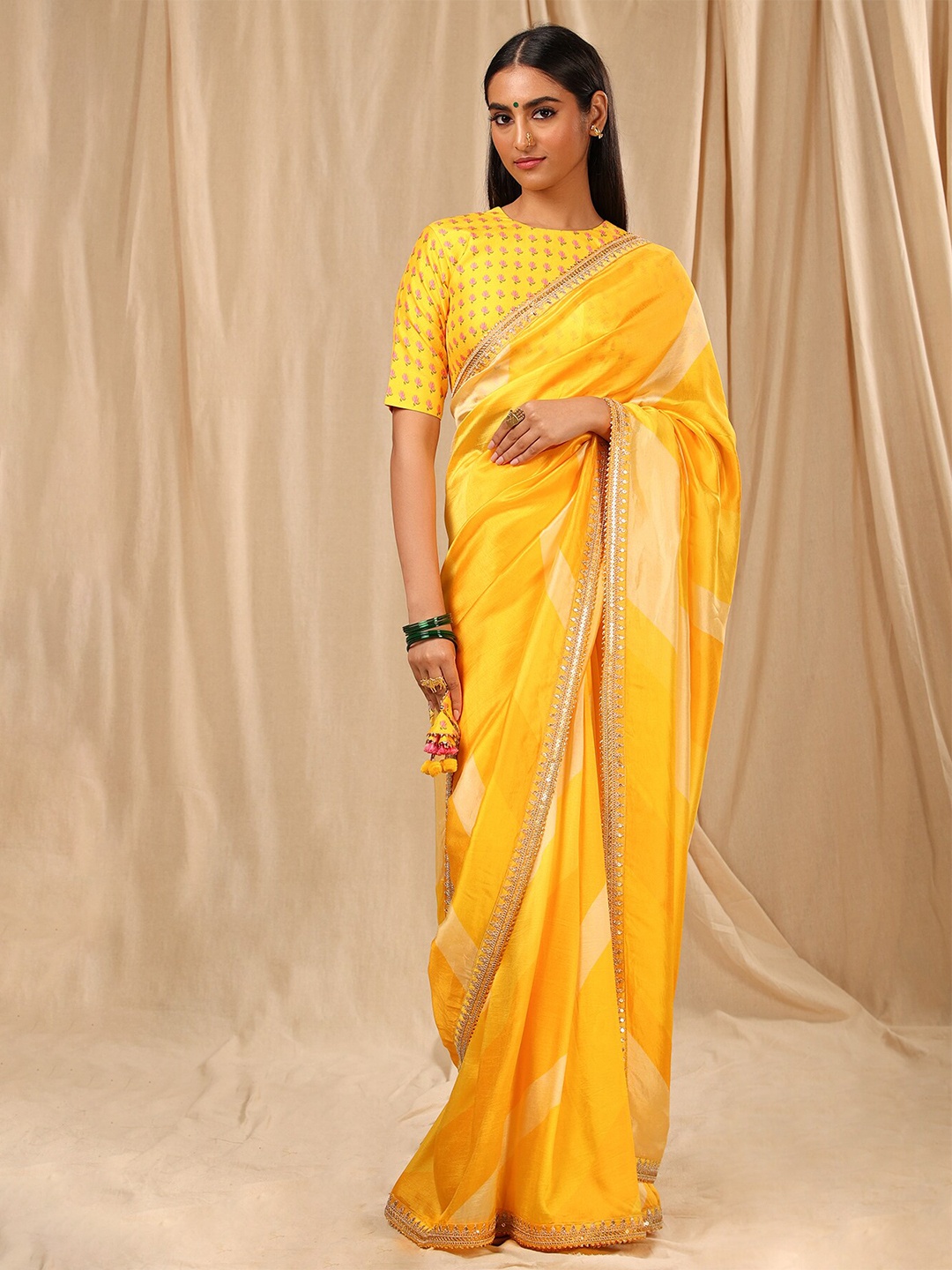

Masaba Yellow & Gold-Toned Colourblocked Embroidered Silk Blend Saree