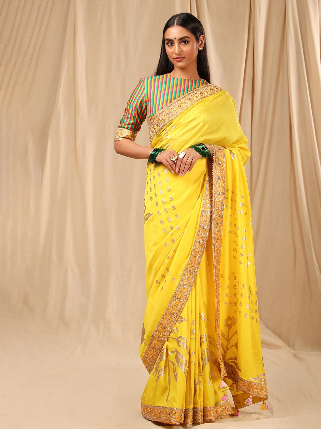

Masaba Yellow & Gold-Toned Floral Embroidered Saree