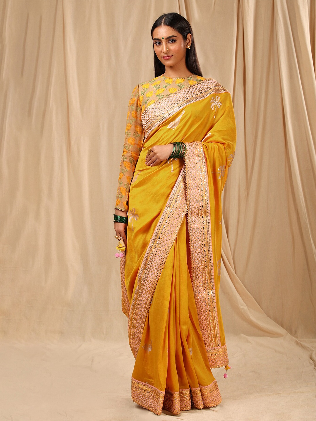 

Masaba Yellow & Gold-Toned Floral Pure Crepe Saree
